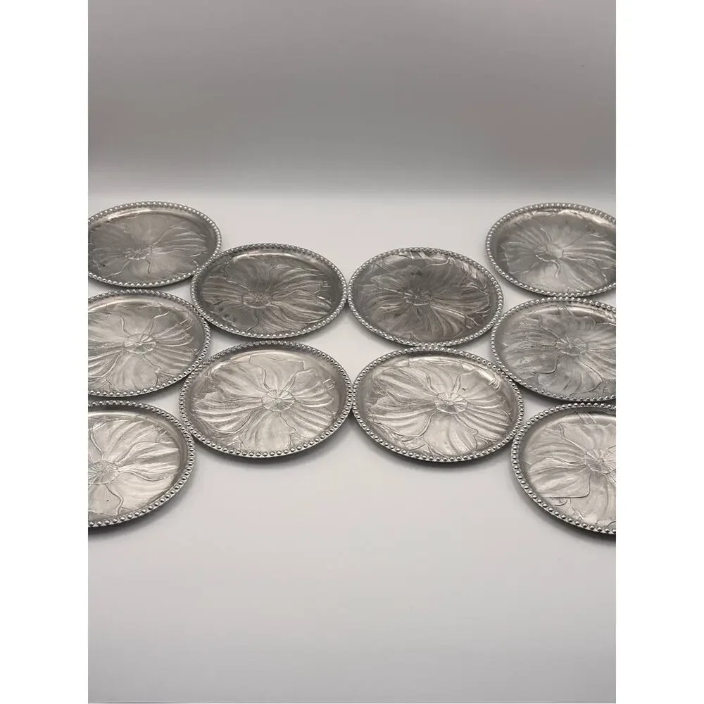 Set of 10 Vintage Floral Embossed Aluminum Metal Drink Coasters